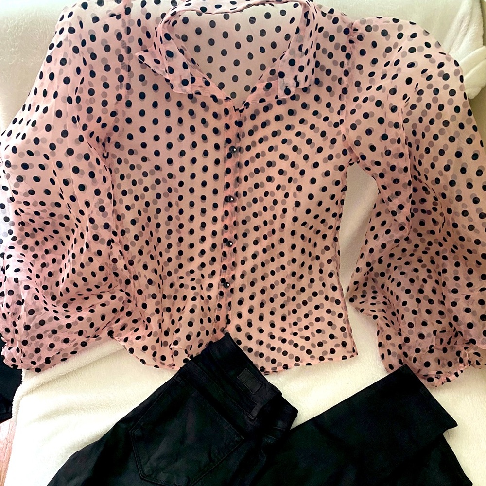 NWOT GORGEOUS SHEER POLKA DOTS BALLOON SLEEVE TOP